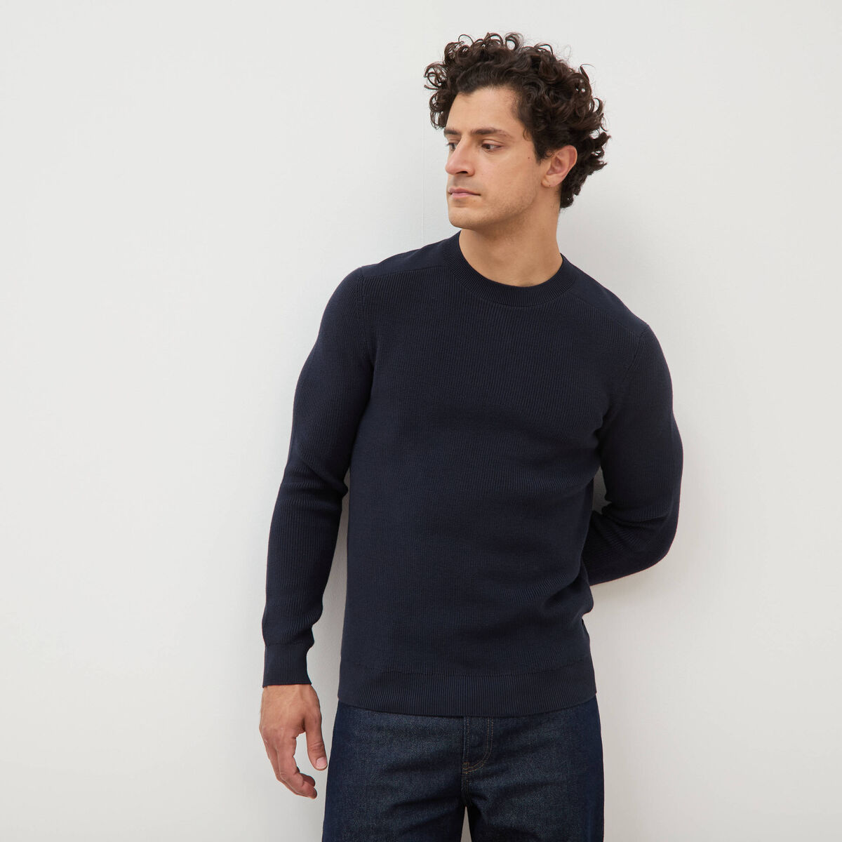 Pull manches longues col rond bleu marine homme