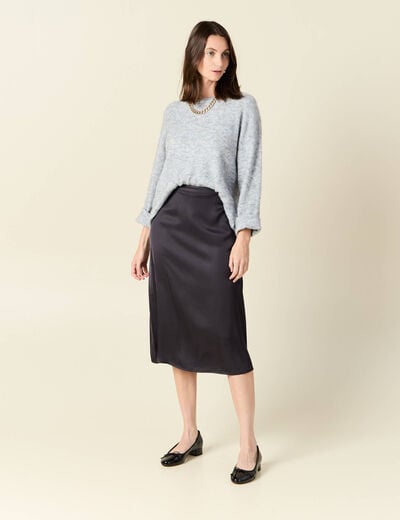 Jupe midi droite satin gris foncé femme