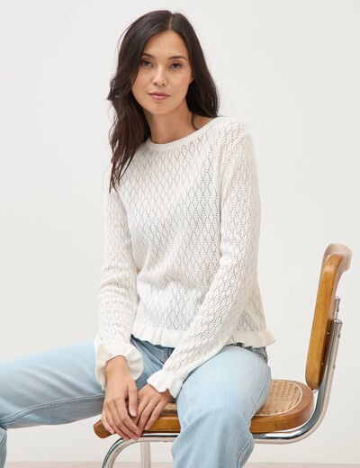 Pull ajour&eacute; col rond manches longues ecru femme