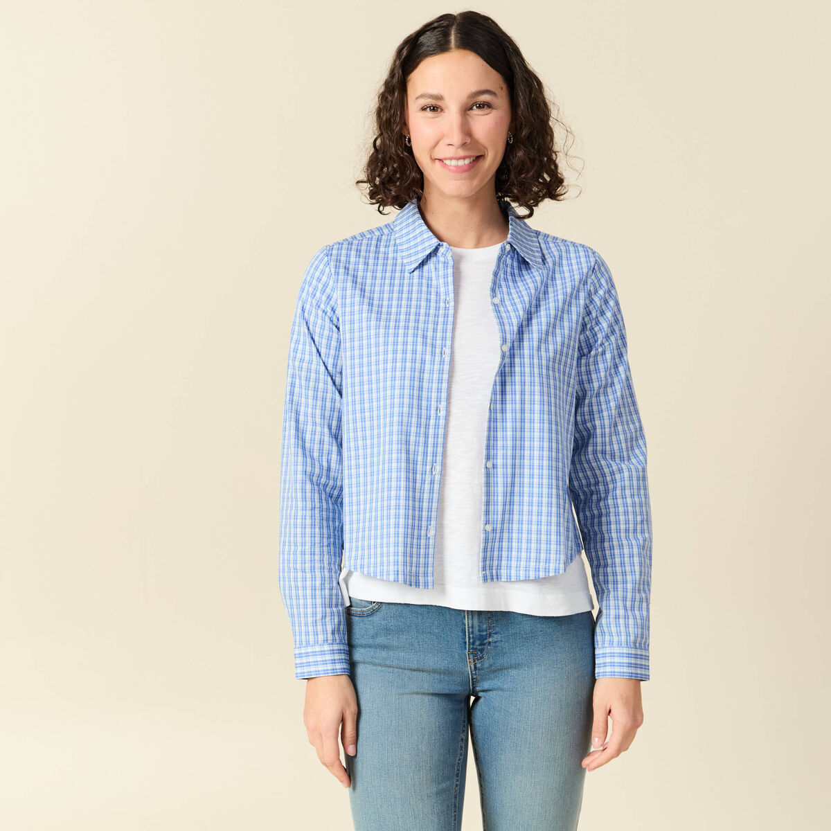 Chemise droite courte en coton bleu clair femme