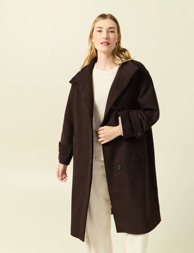 Manteau droit long col montant marron fonc&eacute; femme