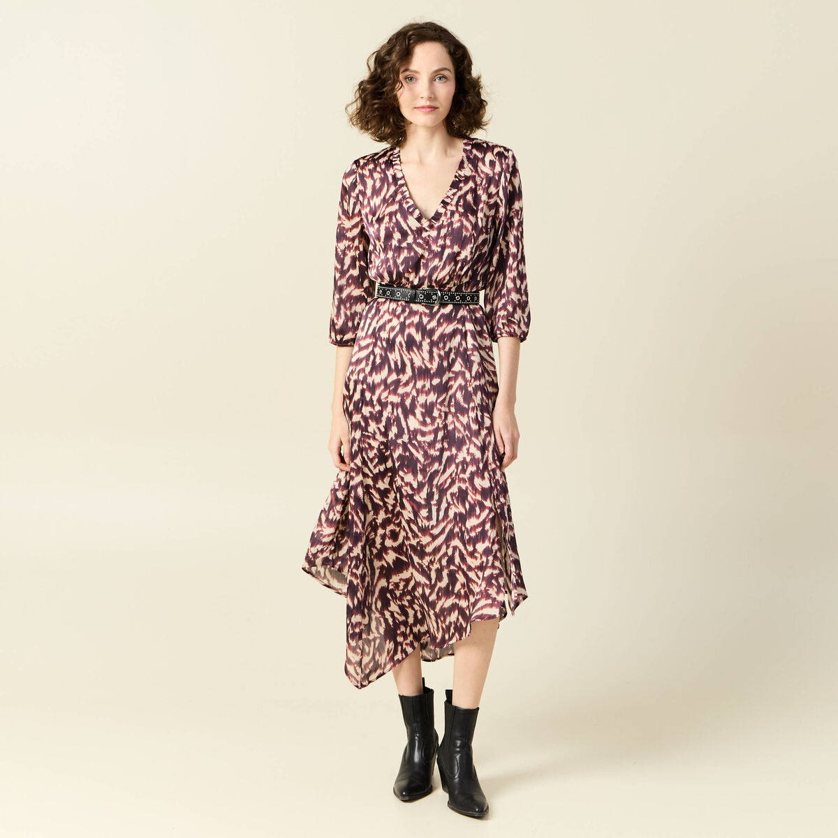 Robe longue évasée fluide marron femme