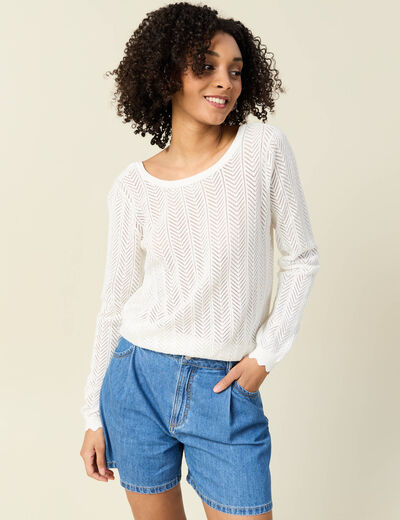 Gilet dos devant ajour&eacute; ecru femme