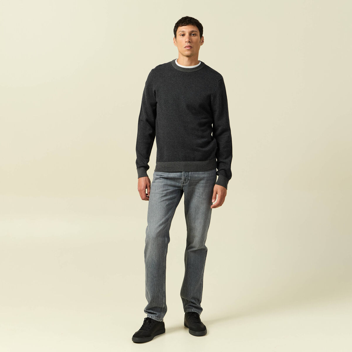 Pull col rond manches longues en coton bleu marine homme