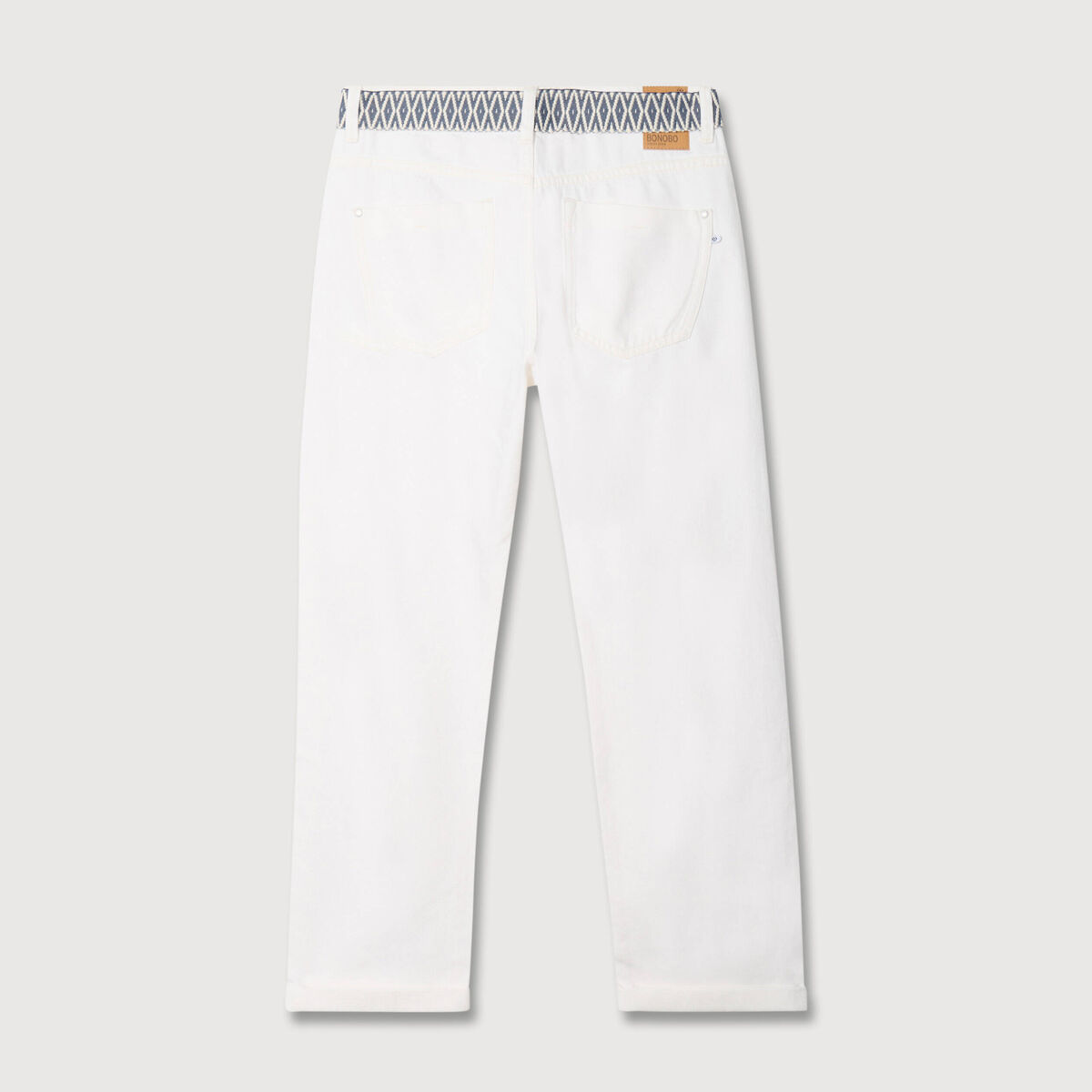 Jeans boyfriend ceintur&eacute; denim blanc femme