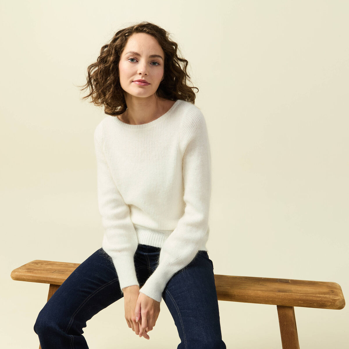Pull col bateau manches longues ecru femme
