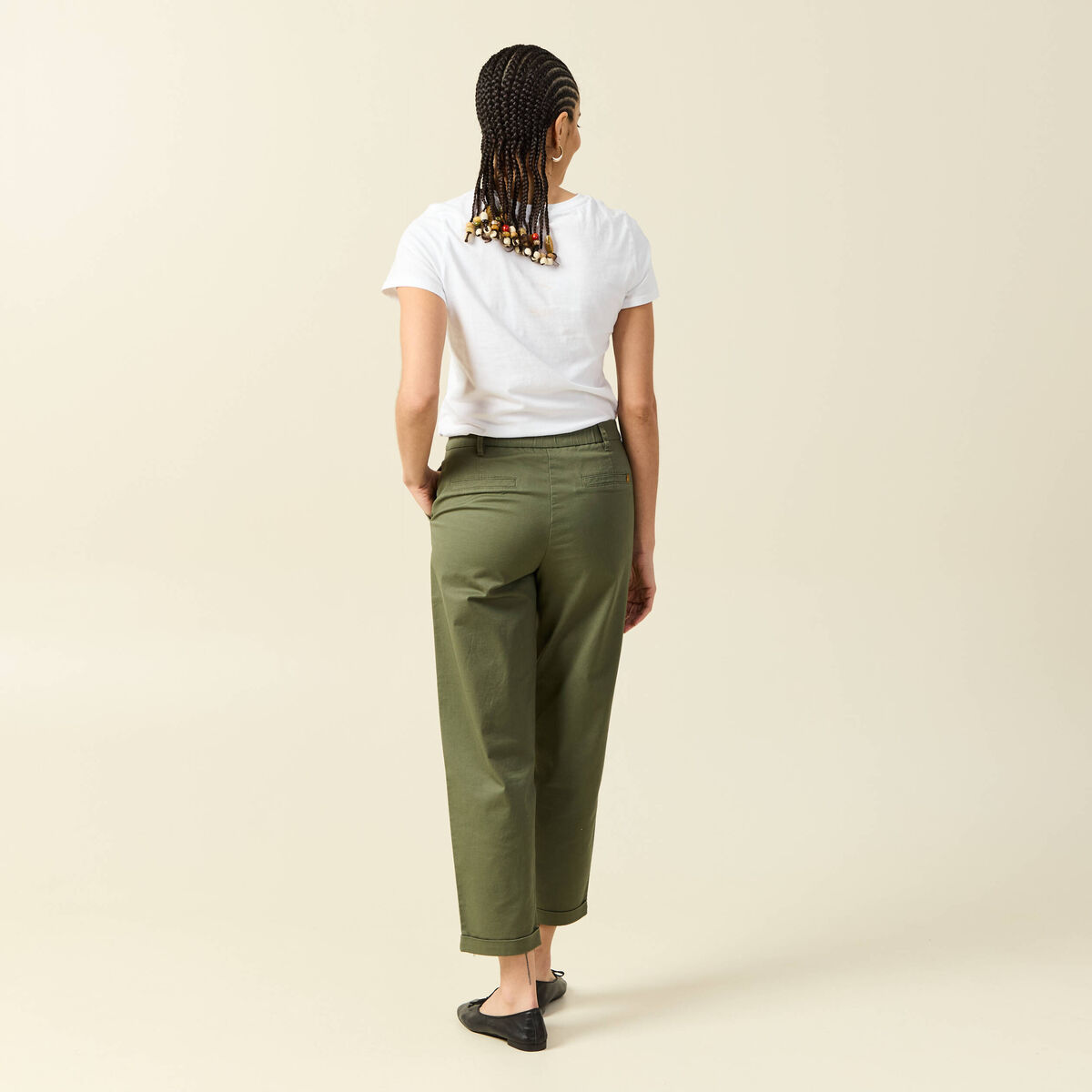 Pantalon taille haute fluide vert kaki femme