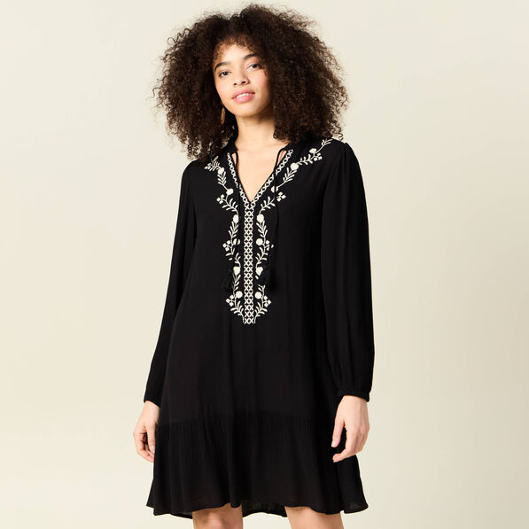 Robe évasée broderie noir femme