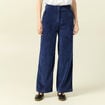 Pantalon large taille haute en velours bleu marine femme