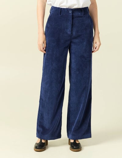 Pantalon large taille haute en velours bleu marine femme
