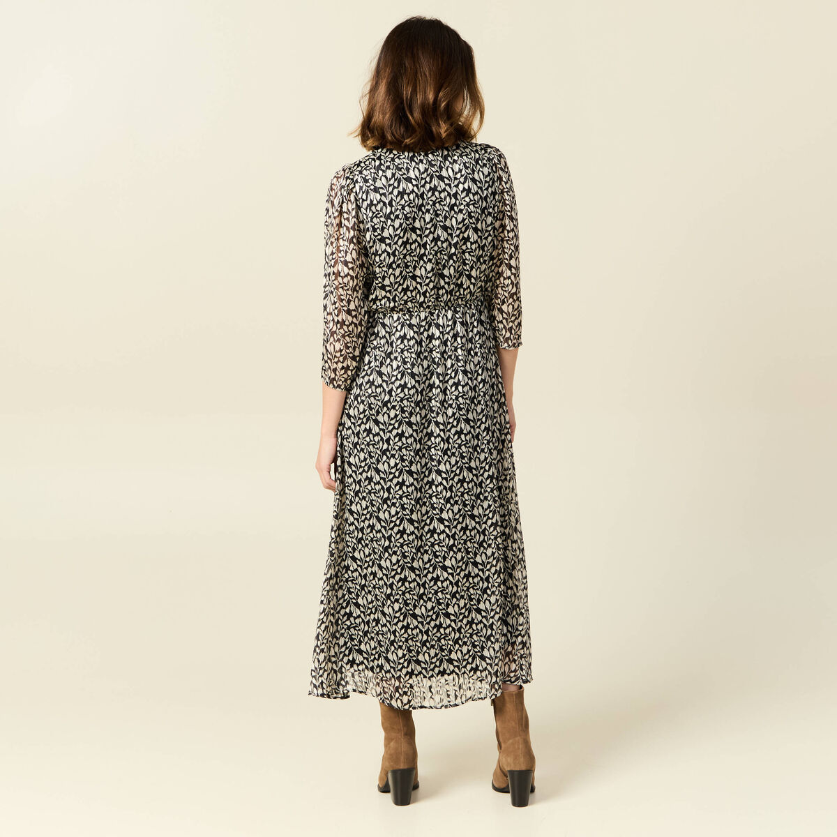 Robe longue évasée manches 3/4 noir femme