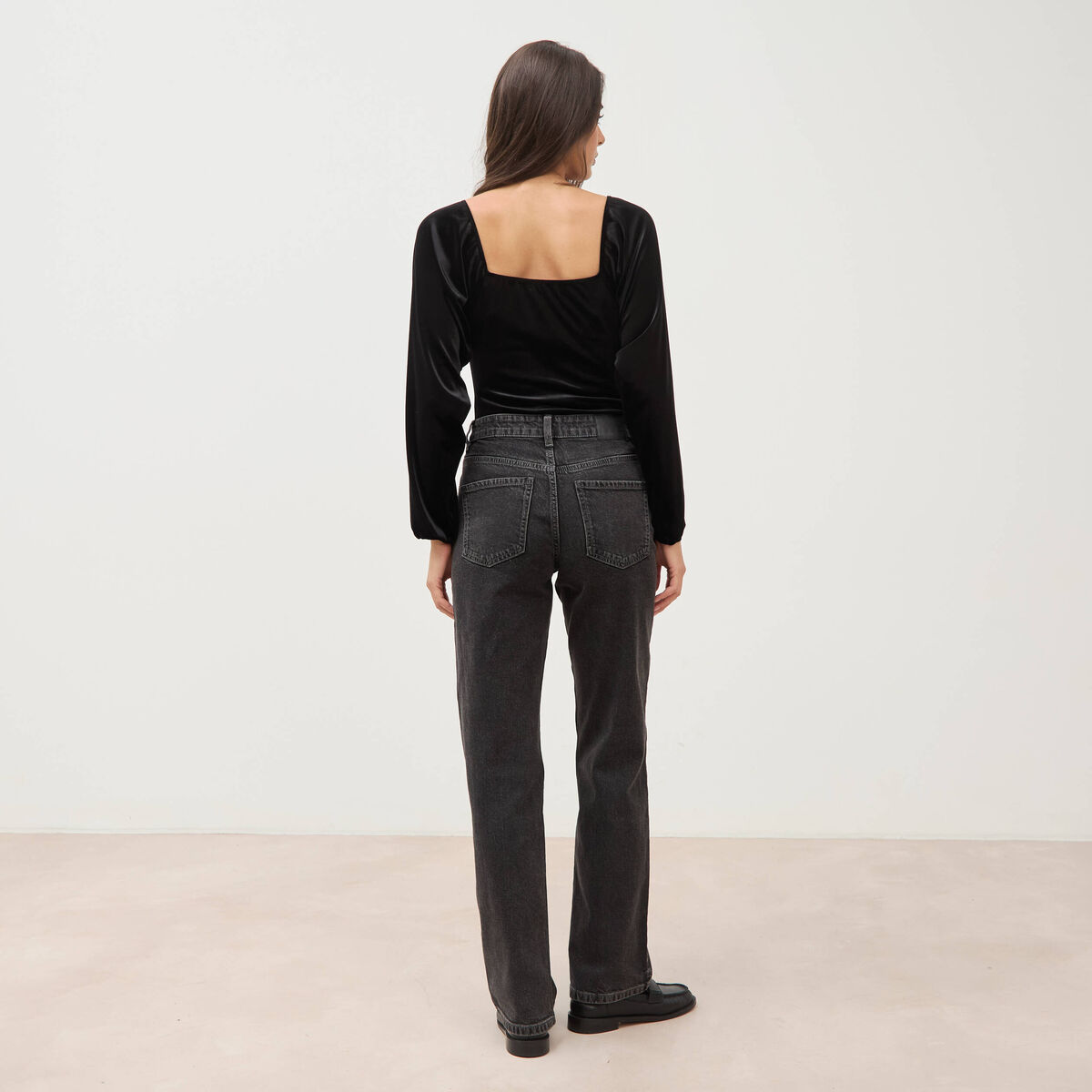 Jeans straight taille haute strass denim gris femme