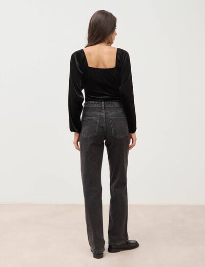 Jeans straight taille haute strass denim gris femme