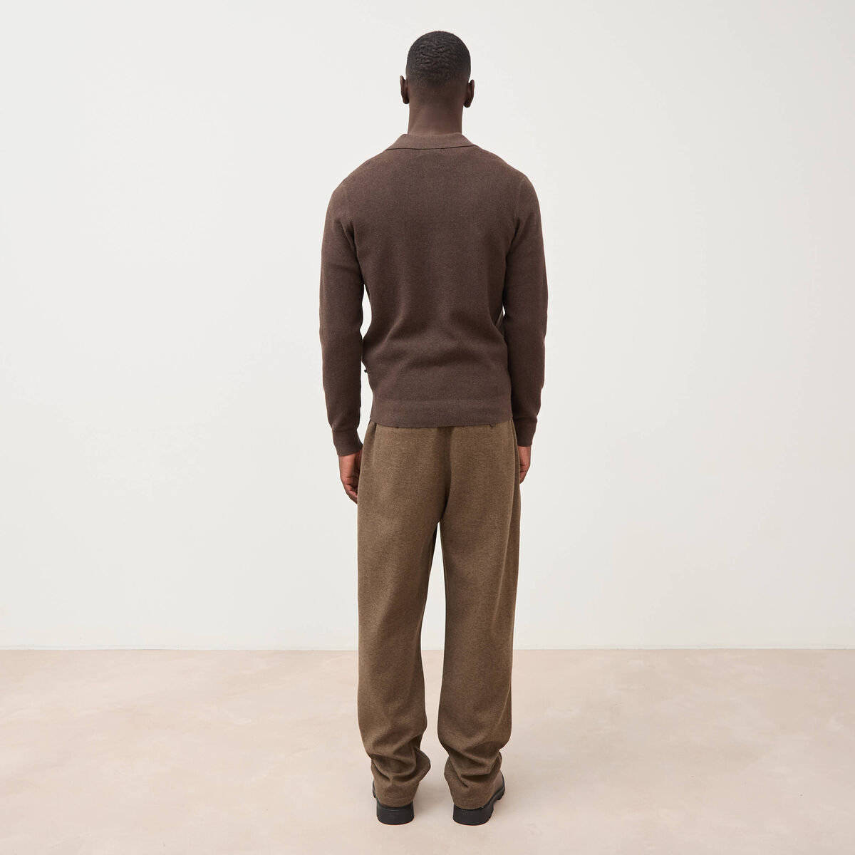 Pull droit col polo manches longues marron homme
