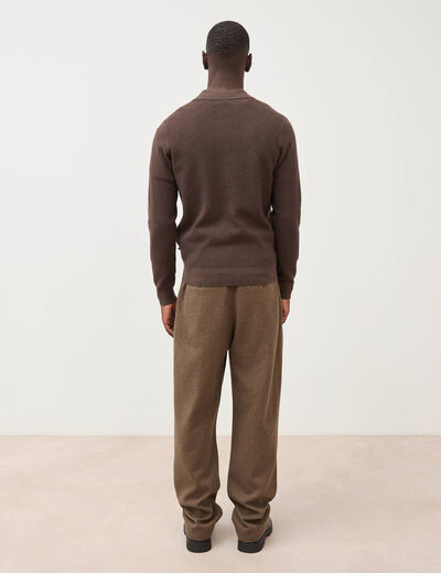 Pull droit col polo manches longues marron homme