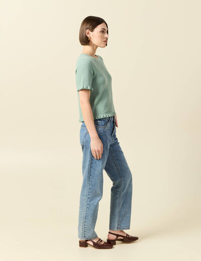Pull droit court en coton vert pastel femme