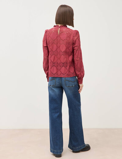 Blouse cintr&eacute;e dentelle manches longues rouge fonc&eacute; femme