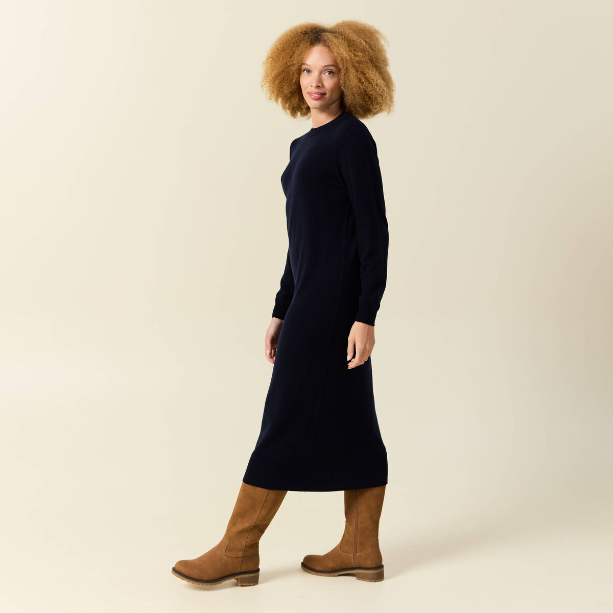 Robe manches longues bleu fonc&eacute; femme