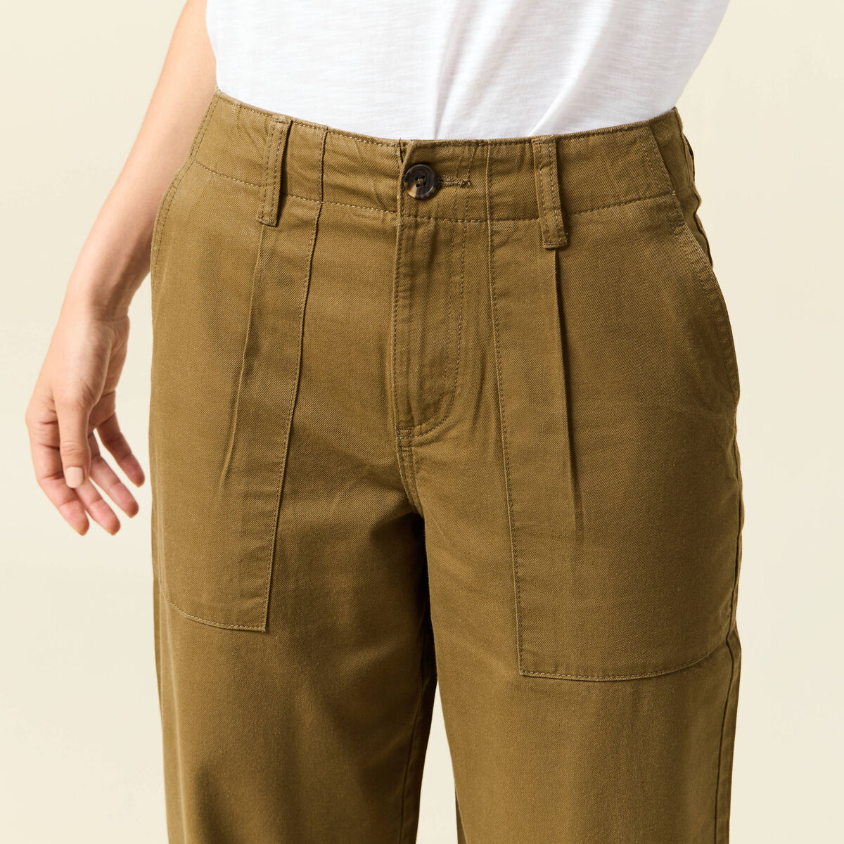 Jeans barrel taille haute 7/8&egrave;me vert kaki femme
