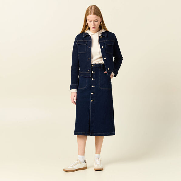 jupe midi droite en jean denim brut femme Jupe midi droite en jean denim brut femme