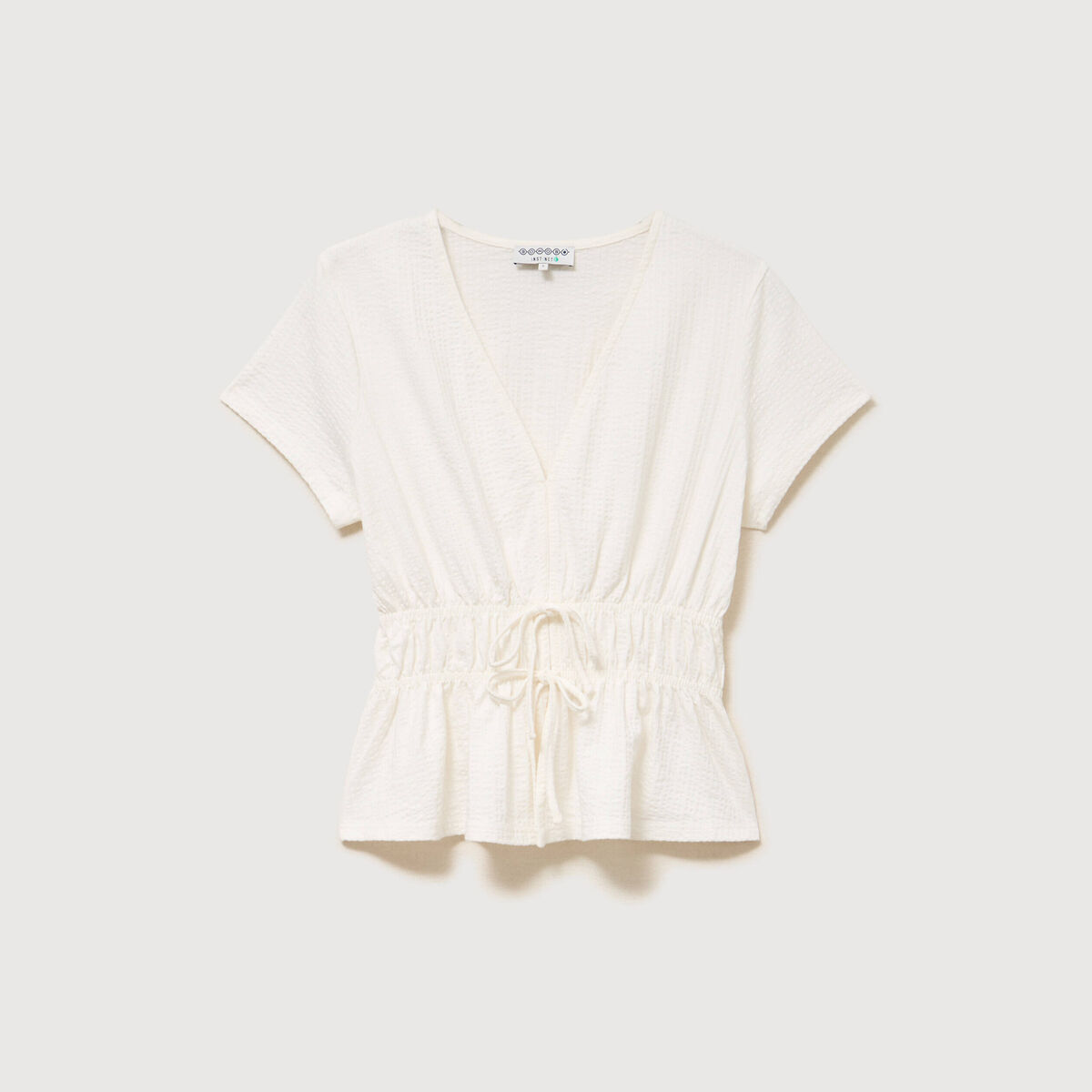 Blouse cintr&eacute;e col v manches courtes ecru femme