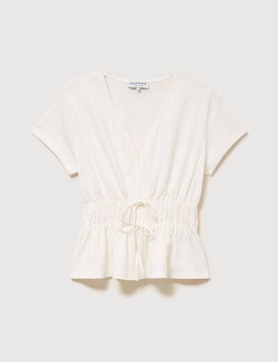 Blouse cintr&eacute;e col v manches courtes ecru femme