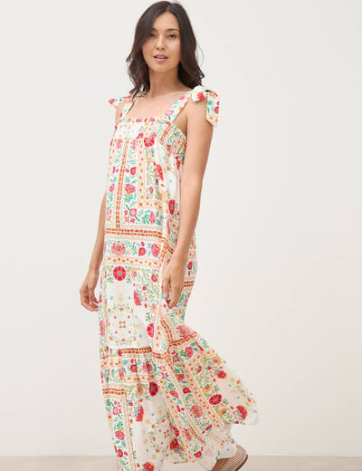 Robe bretelles col carr&eacute; fluide blanc femme
