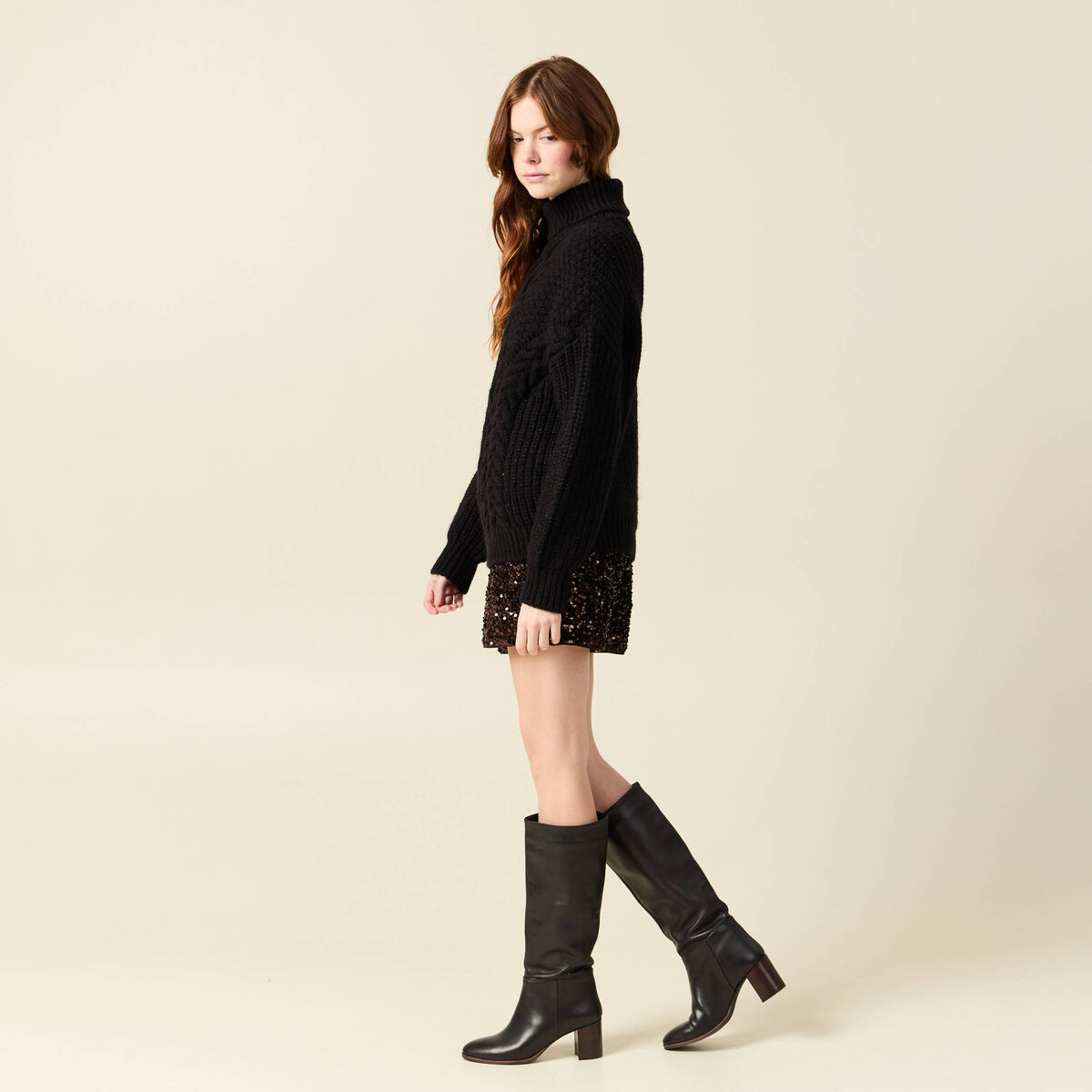 Pull manches longues col roul&eacute; brillant noir femme