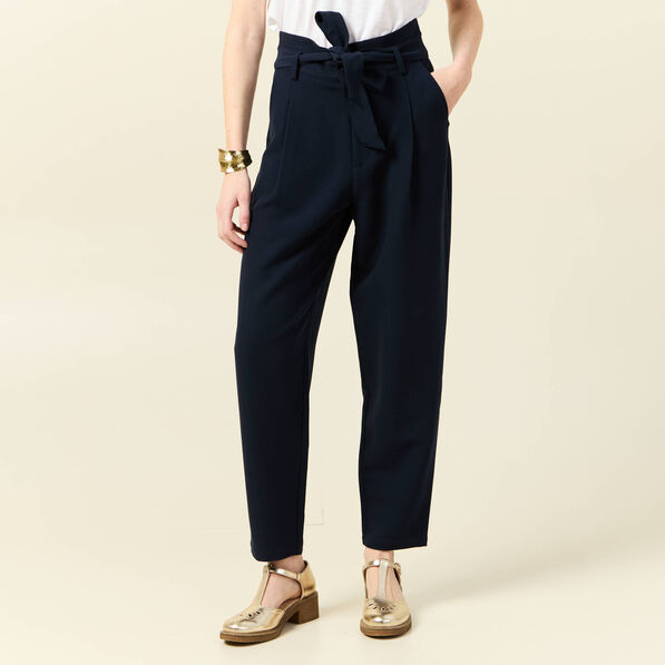 Pantalon carotte ceinturé bleu marine femme