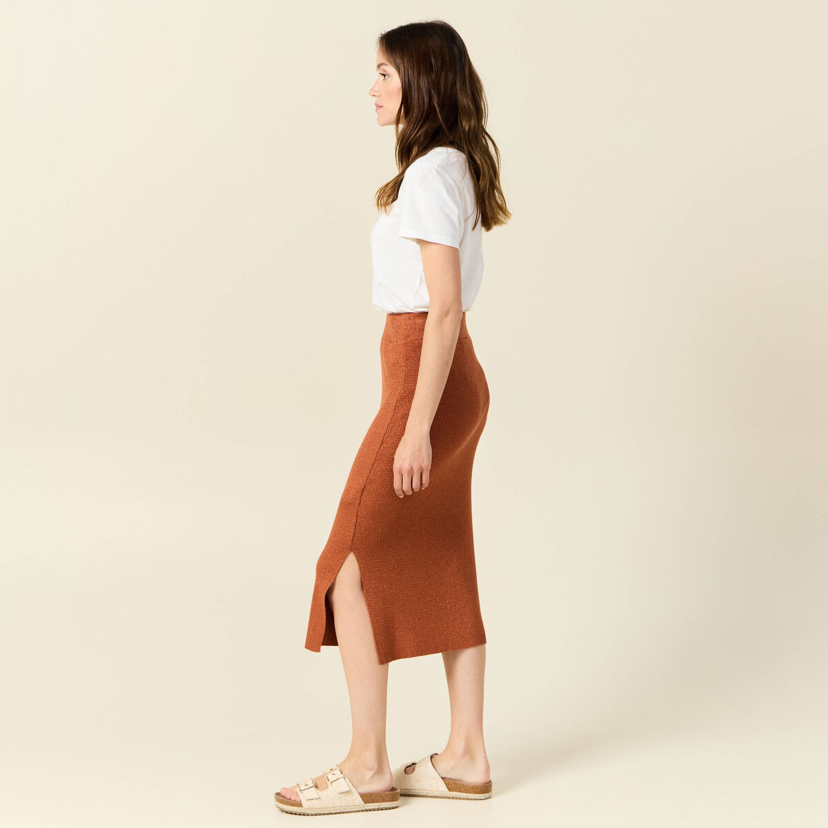 Jupe longue ajust&eacute;e en tricot orange fonc&eacute; femme