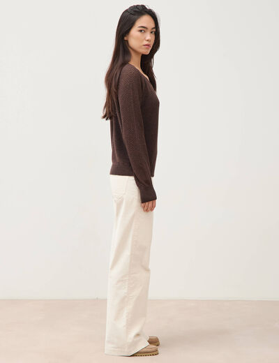 Pull droit col v manches longues marron femme