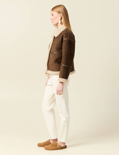 Manteau oversize court col classique marron fonc&eacute; femme