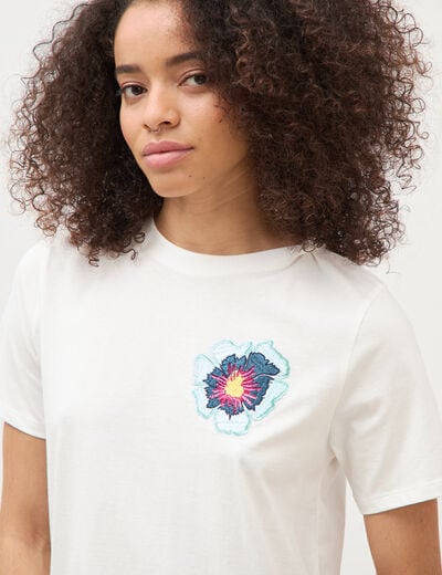 T-shirt droit col rond manches courtes ecru femme