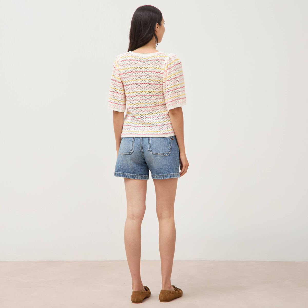 Pull col bateau manches courtes rose femme