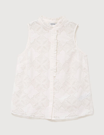 Top sans manches en dentelle col rond ecru femme