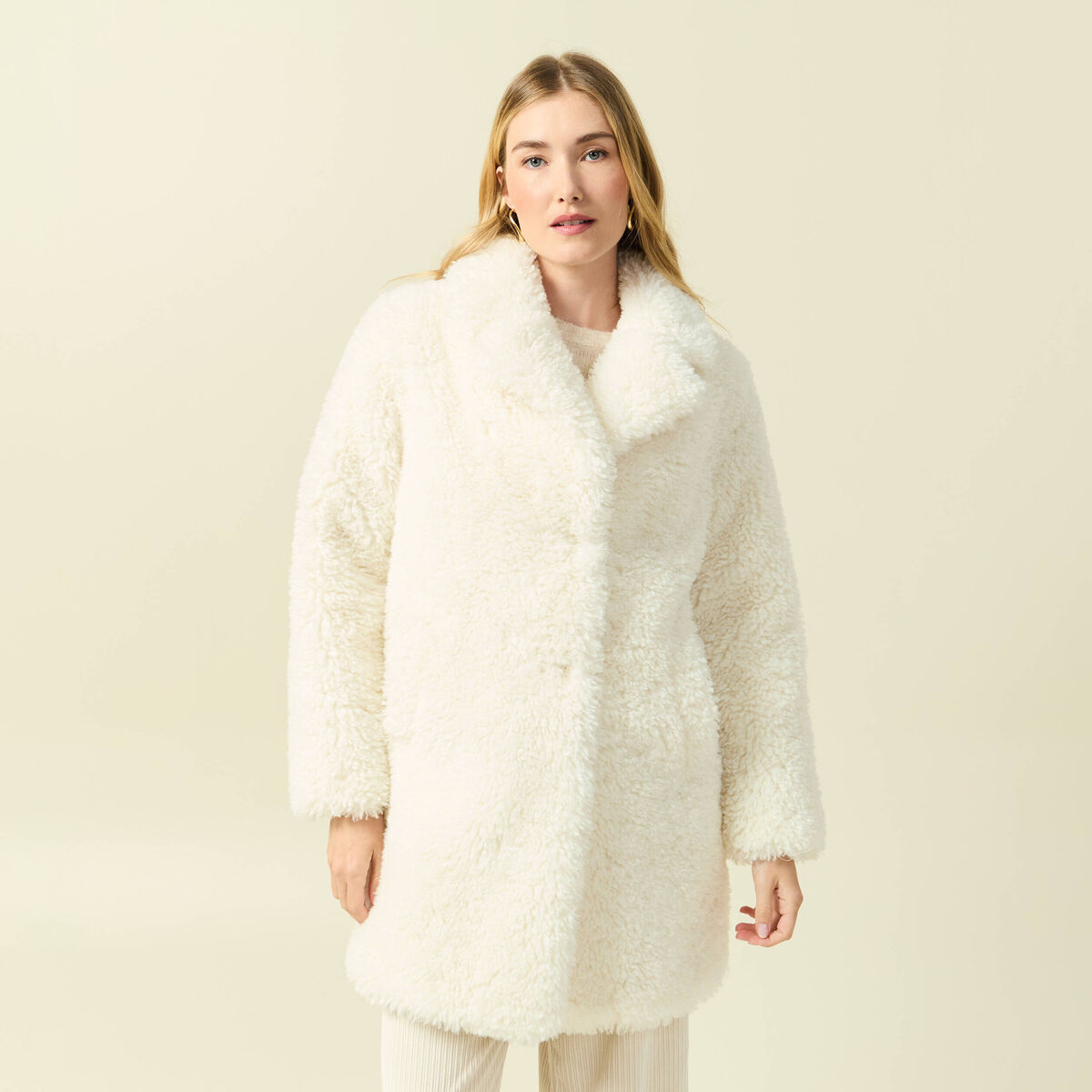Manteau oversize long effet polaire creme femme