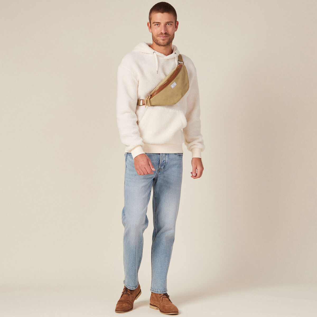 Sweat à capuche sherpa ecru homme