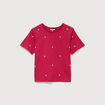 T-shirt droit col rond brod&eacute; en coton rouge clair femme