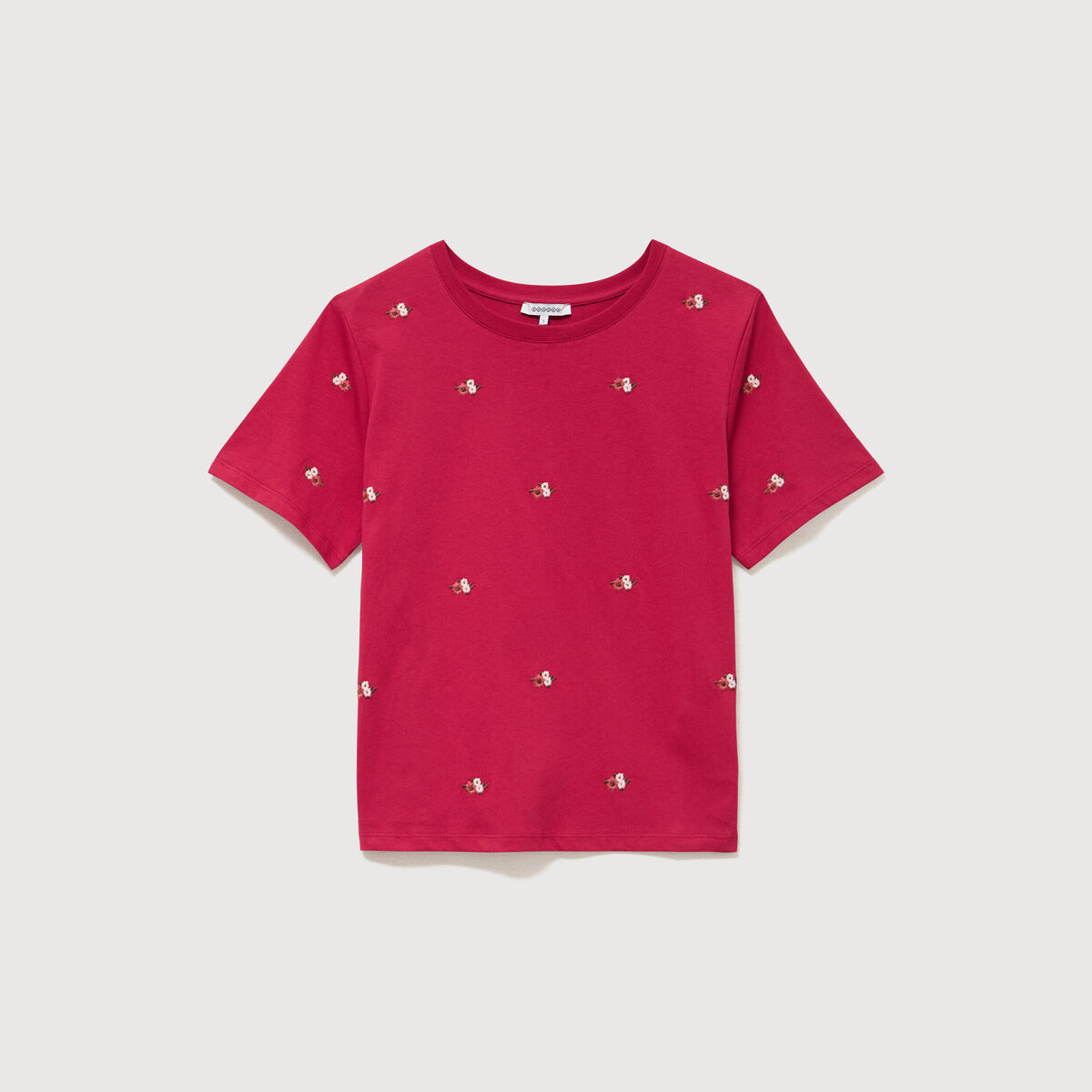 T-shirt droit col rond brod&eacute; en coton rouge clair femme