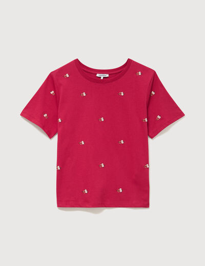 T-shirt droit col rond brod&eacute; en coton rouge clair femme