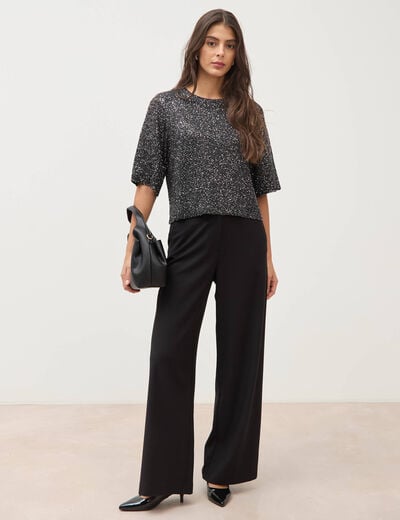 Pull manches courtes col rond brillant noir femme