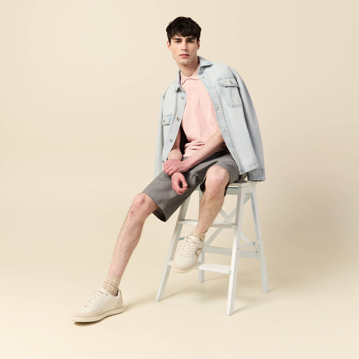 Polo cintr&eacute; en coton manches courtes rose clair homme