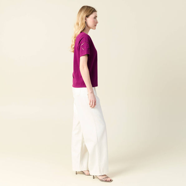 T-shirt manches courtes brodé violet femme
