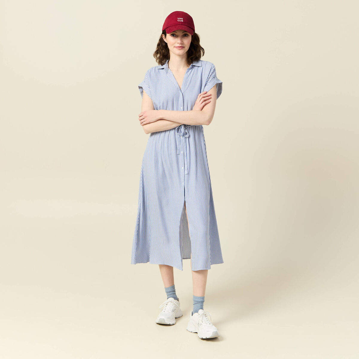 Robe longue évasée ceinturée ecru femme