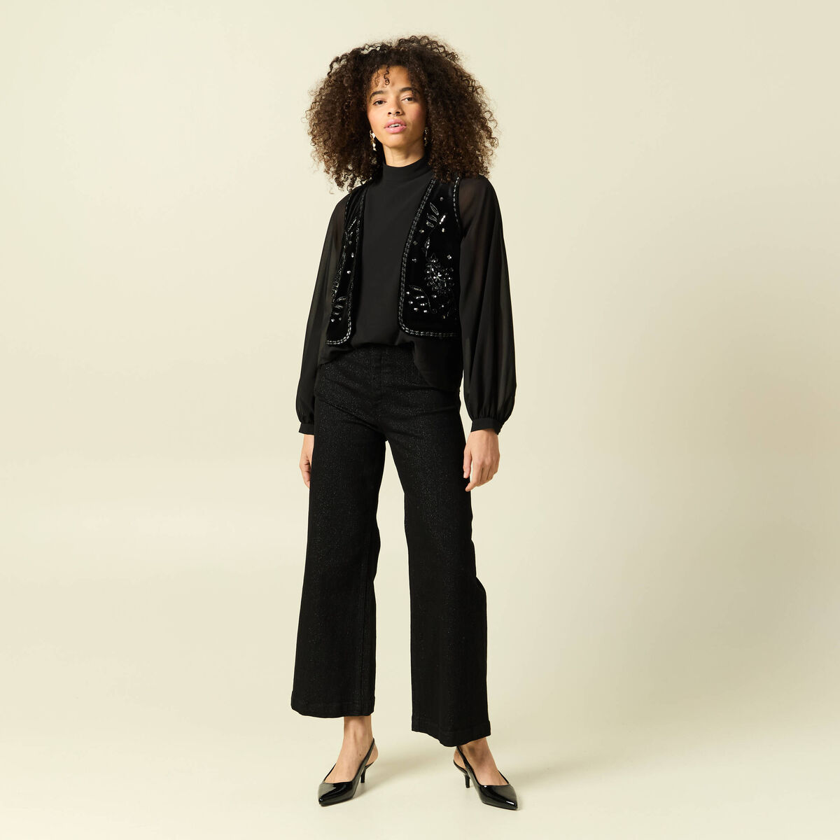 Blouse oversize col montant doubl&eacute;e noir femme