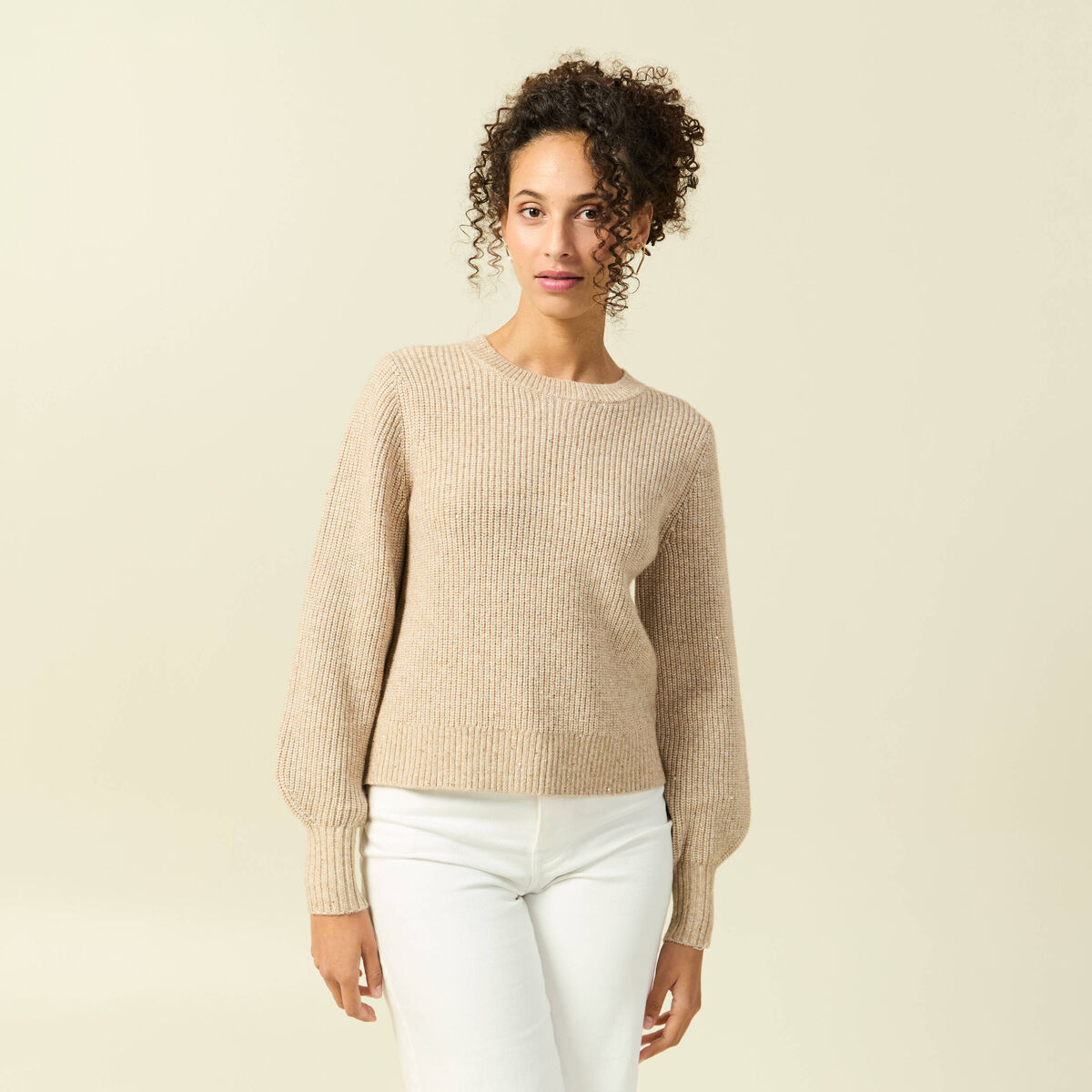 Pull manches longues col rond &agrave; sequins creme femme