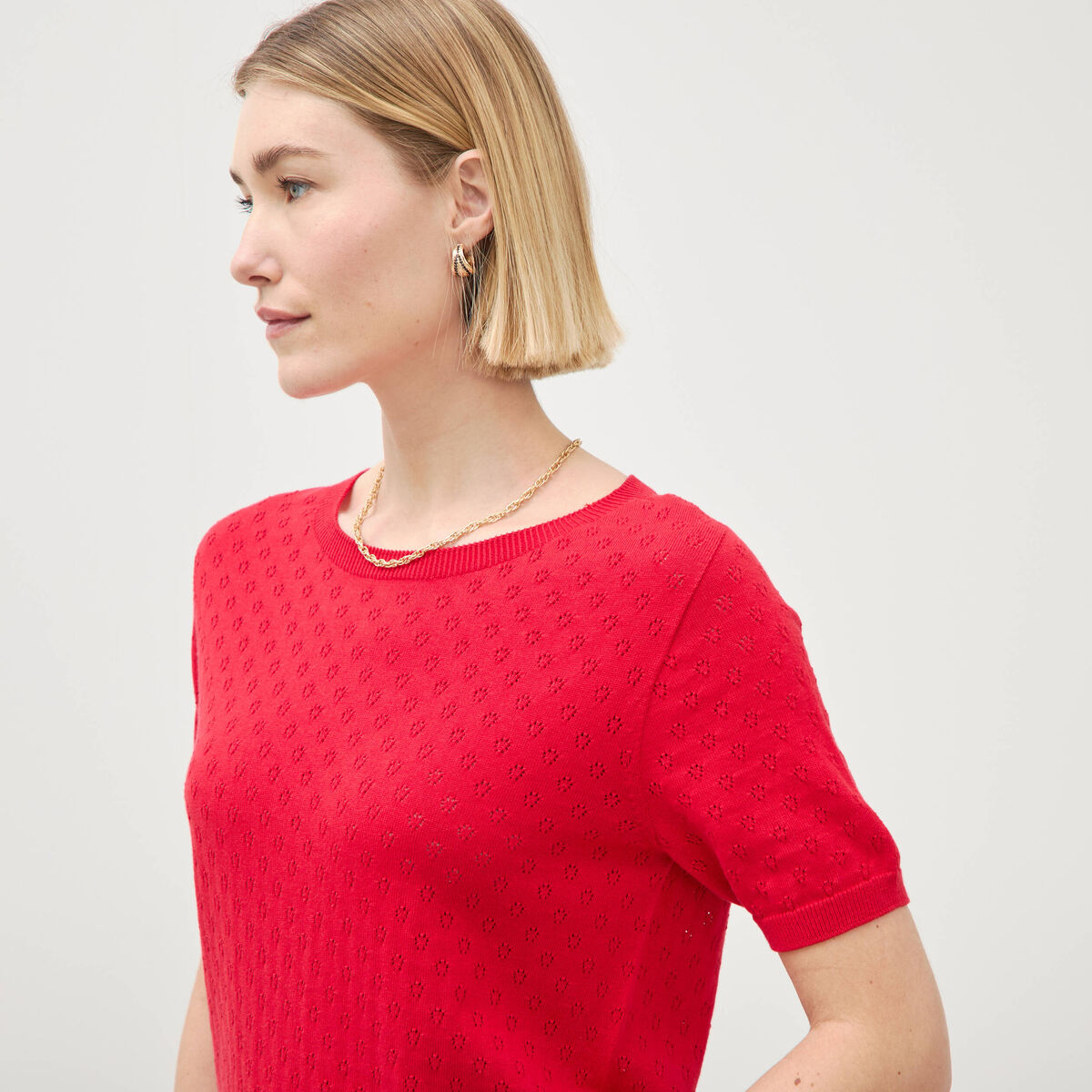 Pull col rond manches courtes rouge fonc&eacute; femme