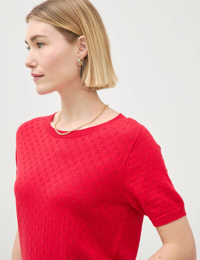 Pull col rond manches courtes rouge fonc&eacute; femme