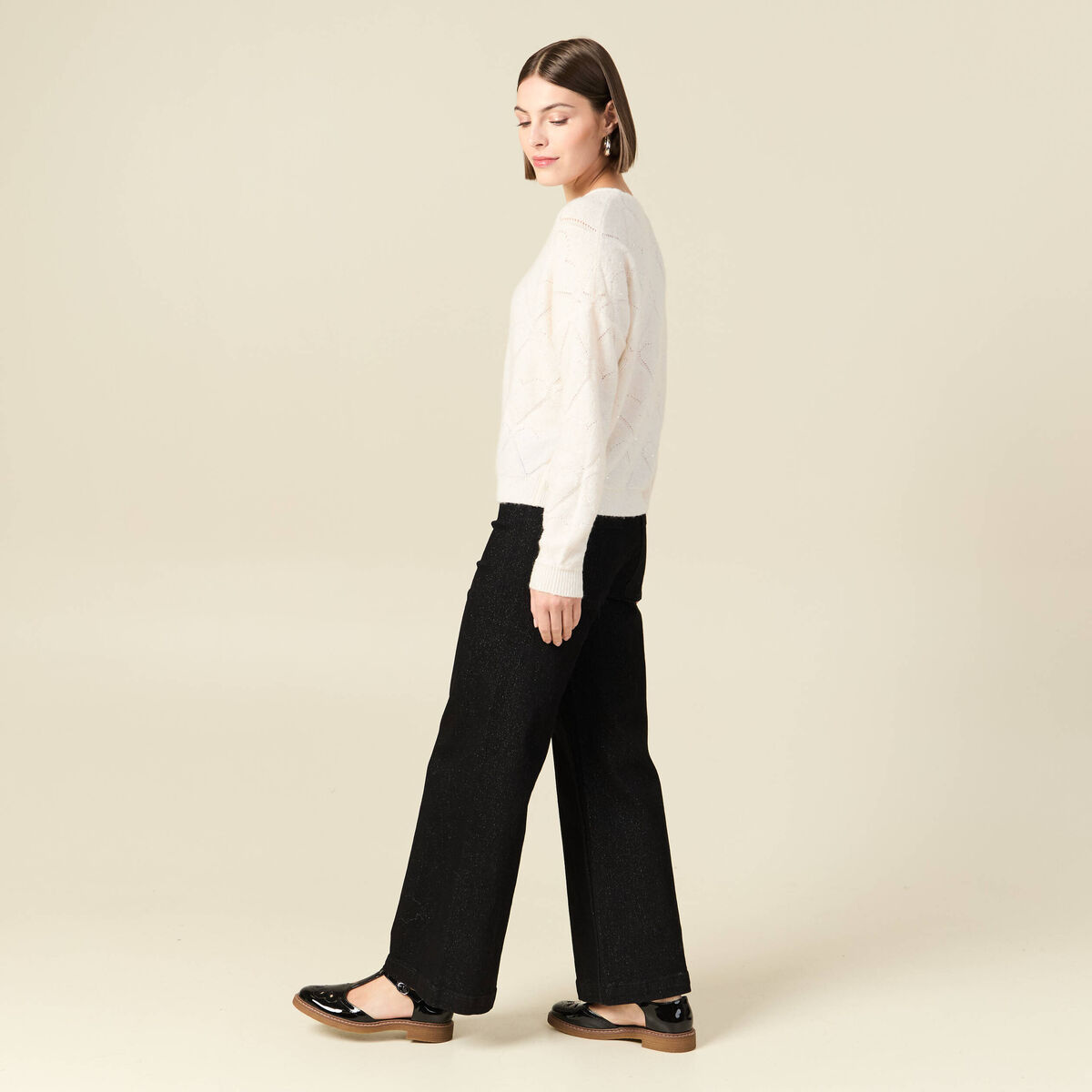 Pull manches longues col rond brillant ecru femme
