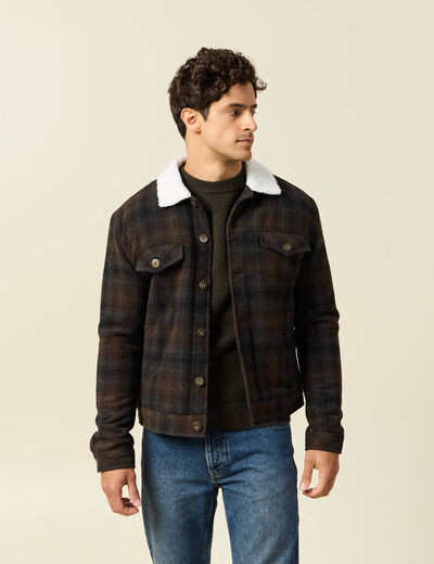 Veste droite courte col chemise marron fonc&eacute; homme